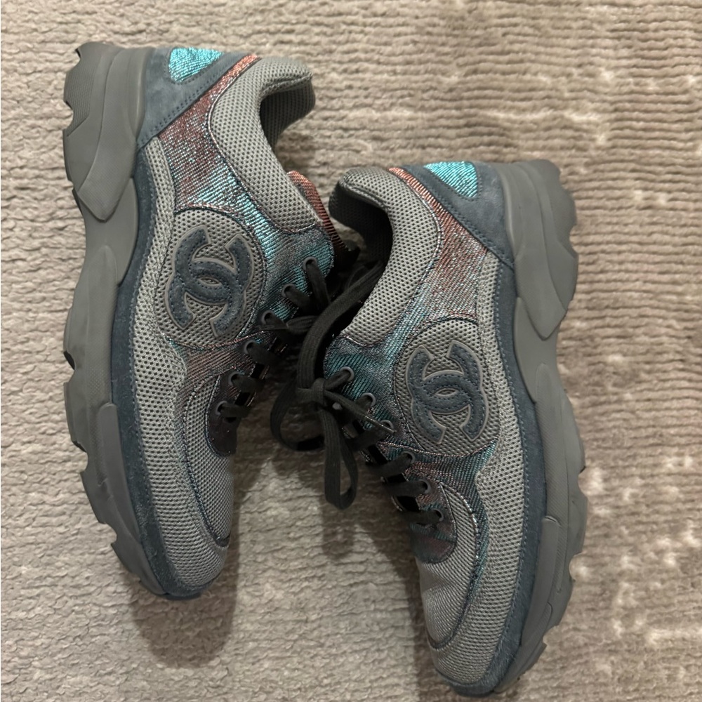 Chanel Gray and Teal Textured Sneakers